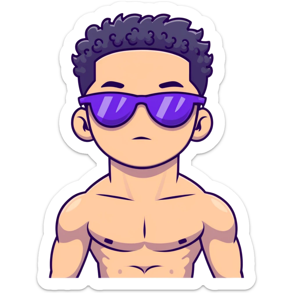 shirtless male athlete with white skin and moderately curly black hair on top with shaved sides, wearing purple sunglasses with black tinted lenses sticker