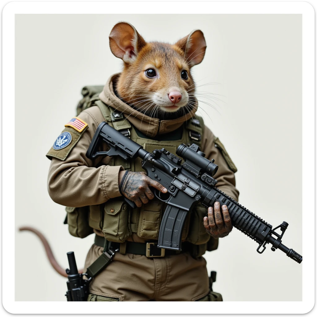 mouse soldier in full military gear, holding an assault rifle, realistic military style sticker
