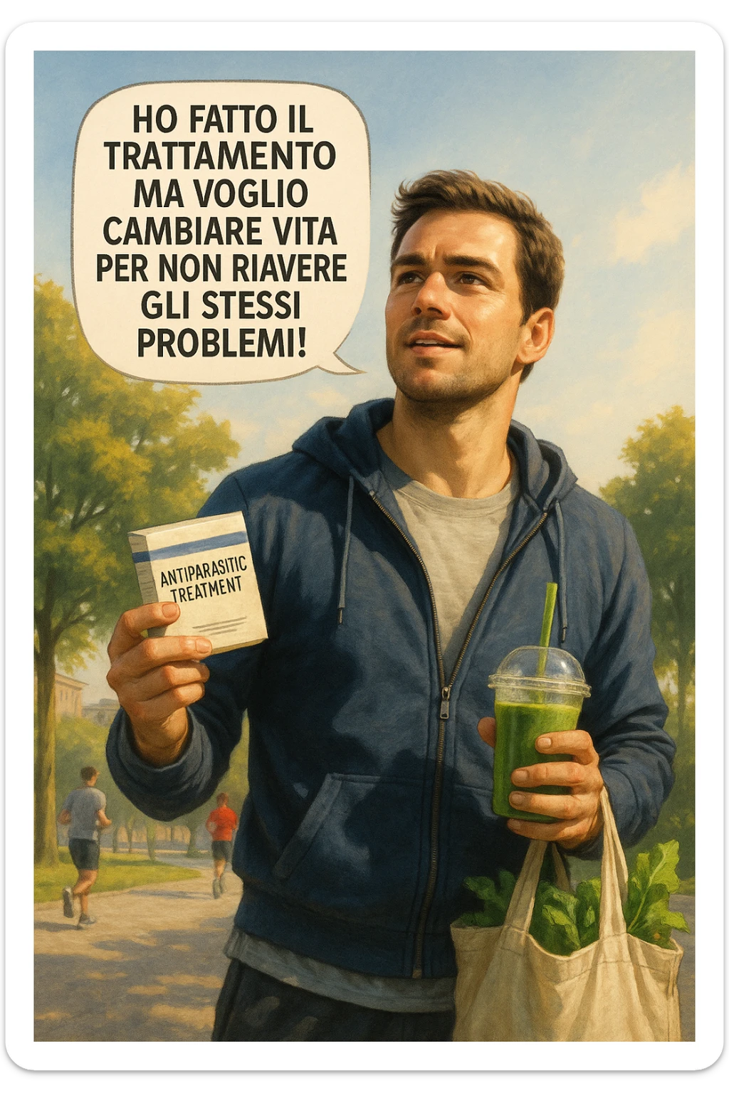 A realistic, cinematic illustration of a man in his early 30s with a determined and hopeful expression, standing outside under a bright morning sky, holding a small box labeled 'Antiparasitic Treatment' in one hand, while in the other hand he holds a fresh green smoothie or a bag of vegetables. A speech bubble near him says: ‘Ho fatto il trattamento ma voglio cambiare vita per non riavere gli stessi problemi!’ The man is wearing casual but clean and sporty clothing, symbolizing a fresh start, with the background showing a city park with green trees, morning light, and people jogging, indicating a healthy lifestyle. The atmosphere is bright, uplifting, and motivating, clearly illustrating the transition from treatment to lifestyle change to prevent future health issues. The style is realistic with warm tones, showing positive energy and commitment to change in italiano sticker