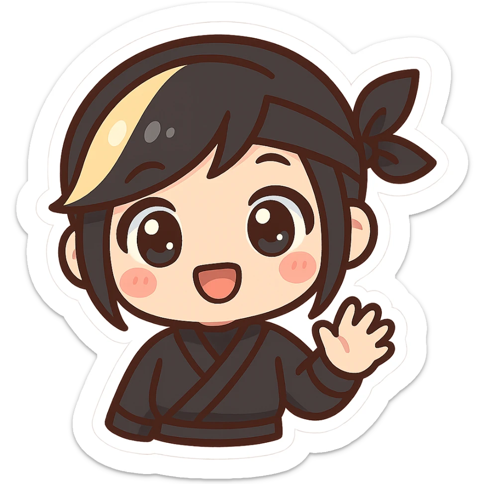 Kawaii chibi ninja girl with black short hair and a blonde streak, only head and arms, super cute, big sparkling eyes, rounder face, smaller mouth, extra soft colors, colorful chibi style, bold outlines, no mask, hand at side, smiling, sized for Twitch emoji use. sticker