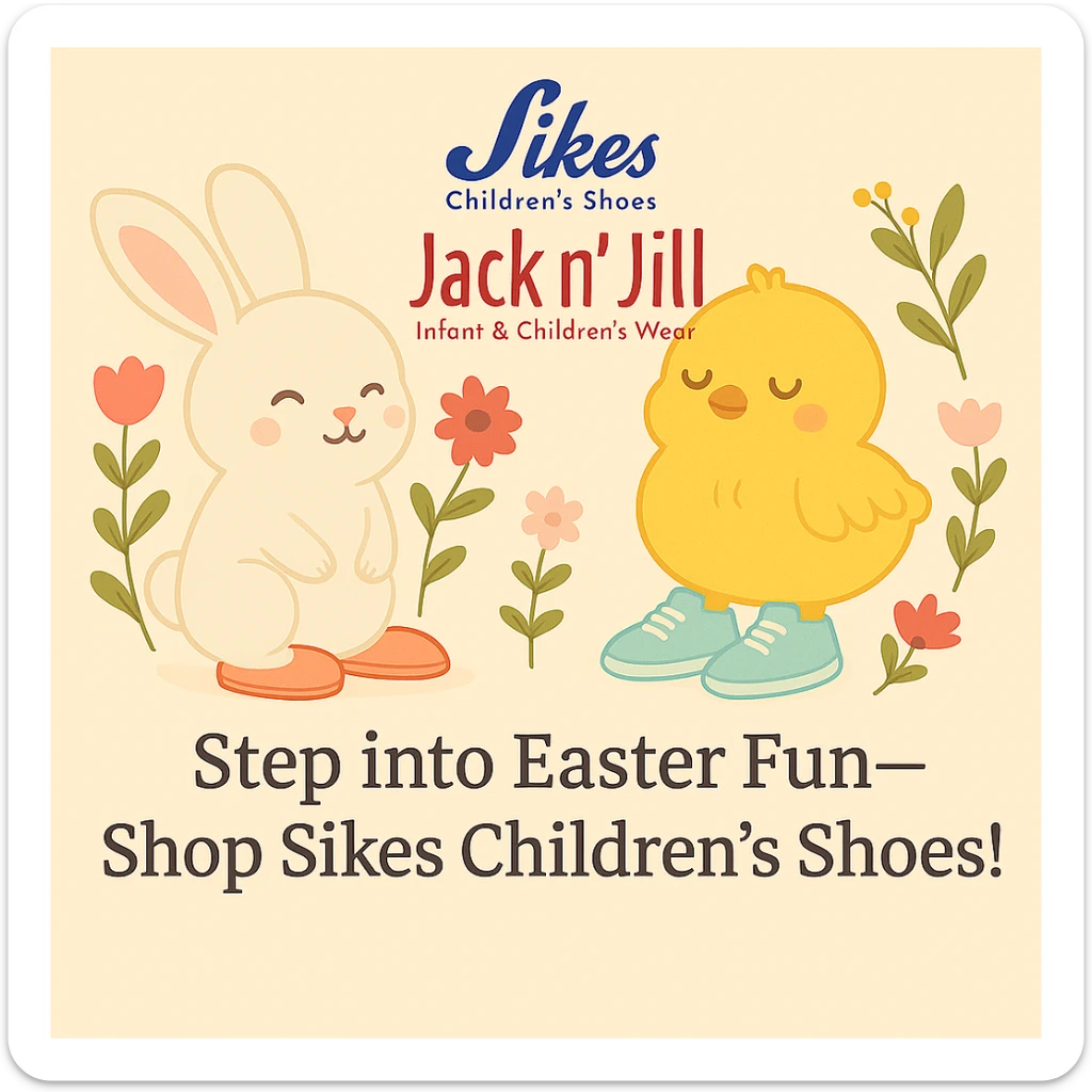Reduce the size of the Sikes Children's Shoes logo so it is smaller and less dominant in the design. Keep the pastel background, bunny and chick with shoes, floral accents, and the headline: 'Step into Easter Fun—Shop Sikes Children’s Shoes!'. Logo should remain in the same position, just smaller. sticker