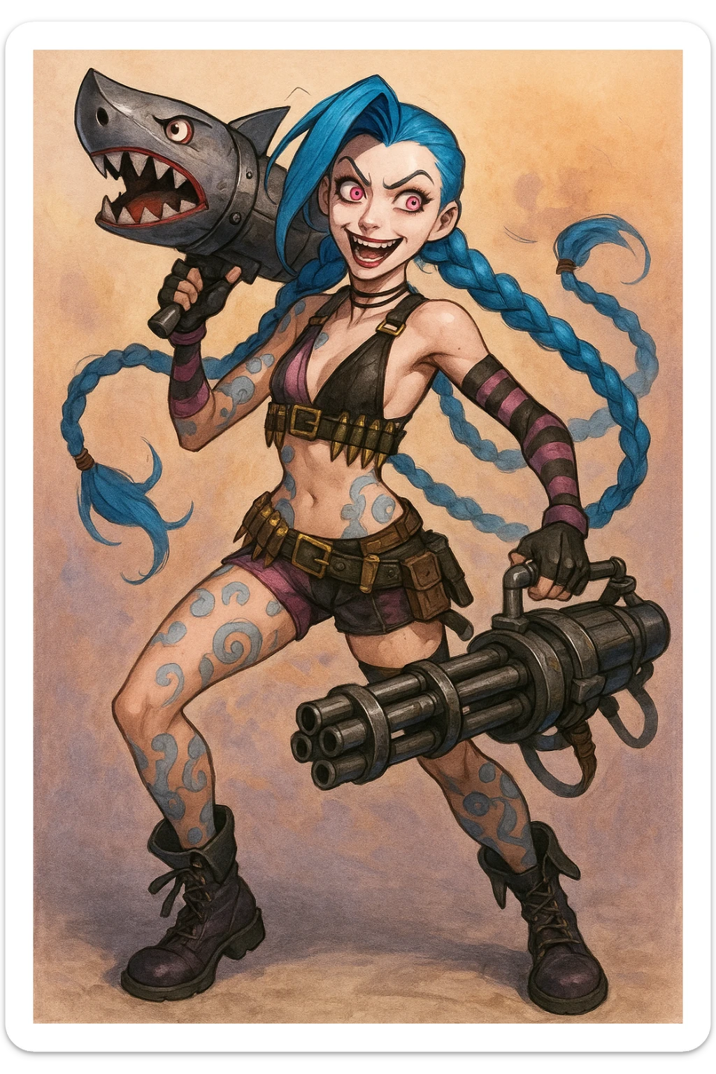 slender athletic young woman with long electric blue hair in two thick braids, bright pinkish-purple eyes, manic mischievous expression, punk-inspired outfit with cropped top, striped arm sleeves, mismatched shorts with belts, knee-high boots, adorned with bullet belts and pouches, blue tattoos in swirling mechanical patterns on arms legs torso, armed with shark-faced rocket launcher and mini-gun sticker