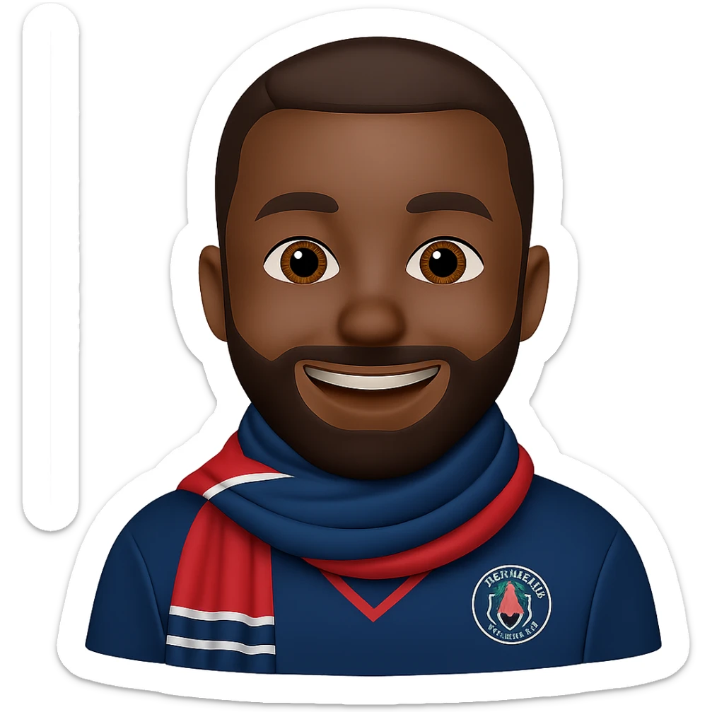 Add a beard to Matuidi with a big smile, wearing a PSG scarf, in emoji style. Remove the background. sticker