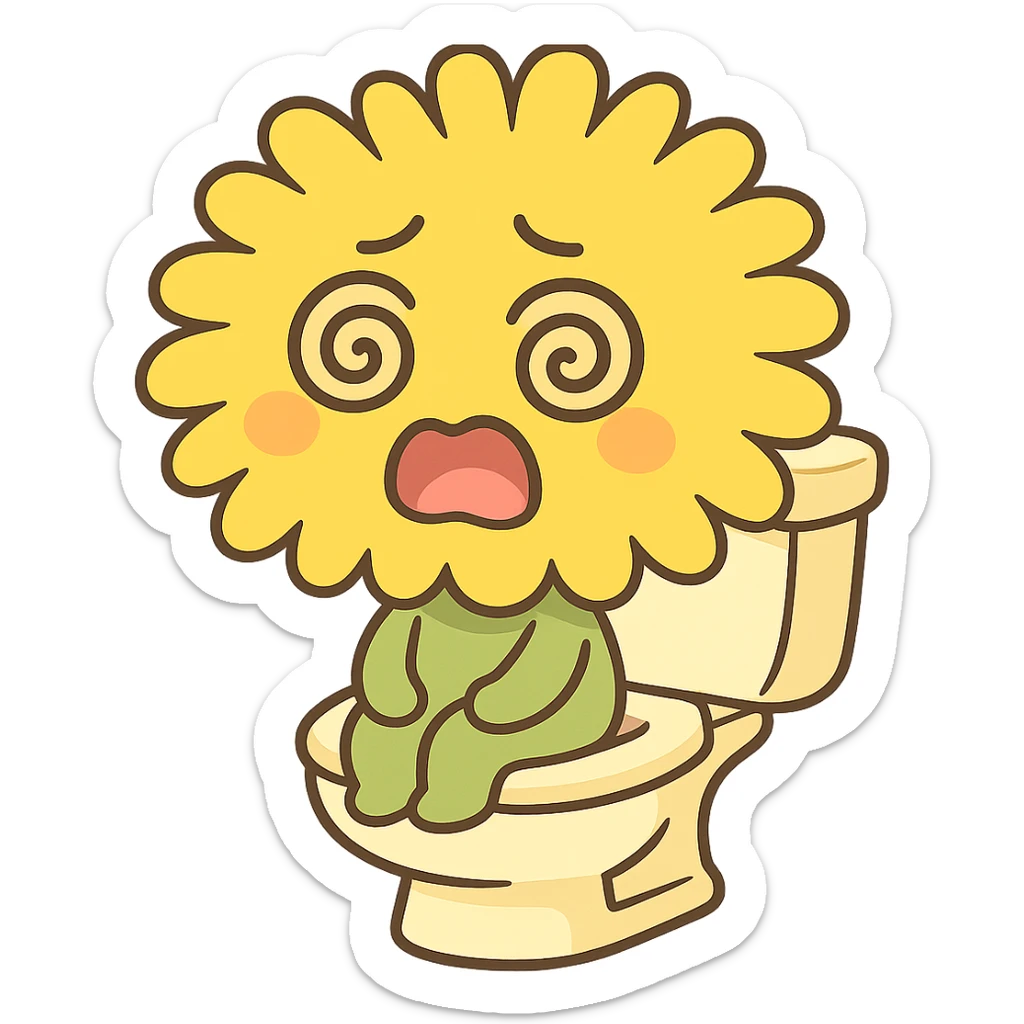 lemon yellow dandelion flower with a shocked face, sitting on a toilet with swirls in the eyes, soft colors, chibi expression sticker