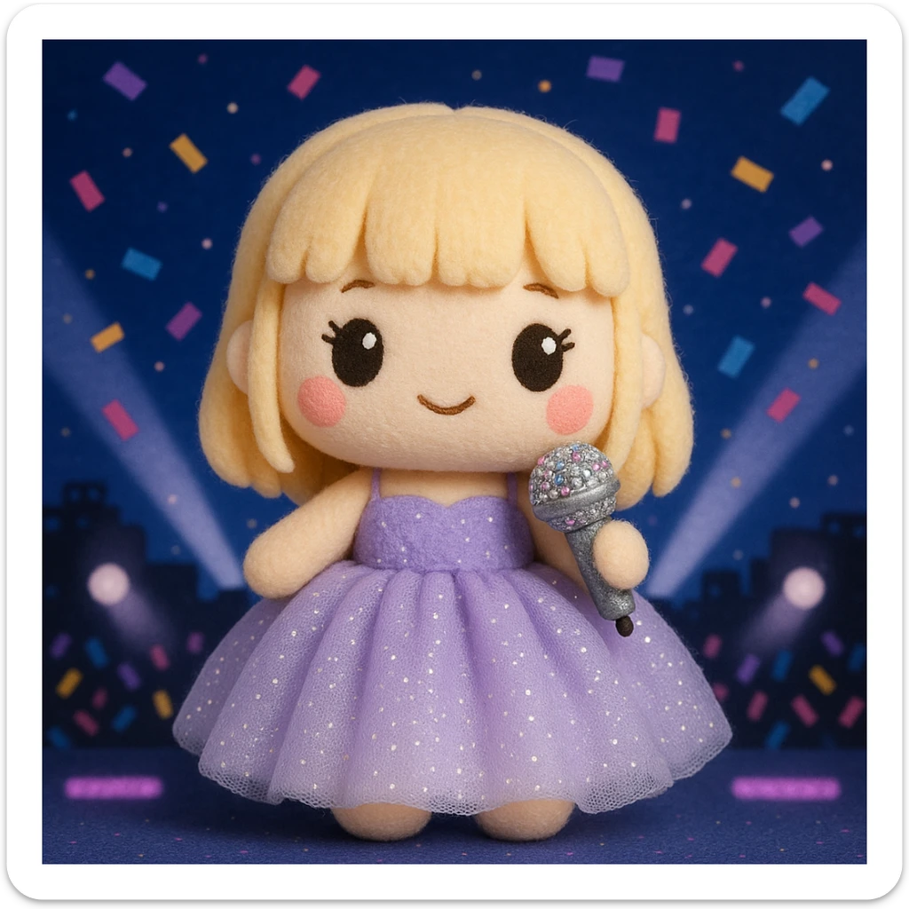 Pretty and girly Blonde pop star with bangs wearing a sparkly tulle light purple ballgown, holding a bedazzled microphone, reimagined as a soft kawaii plushie doll, with a nighttime concert backdrop with colorful confetti sticker