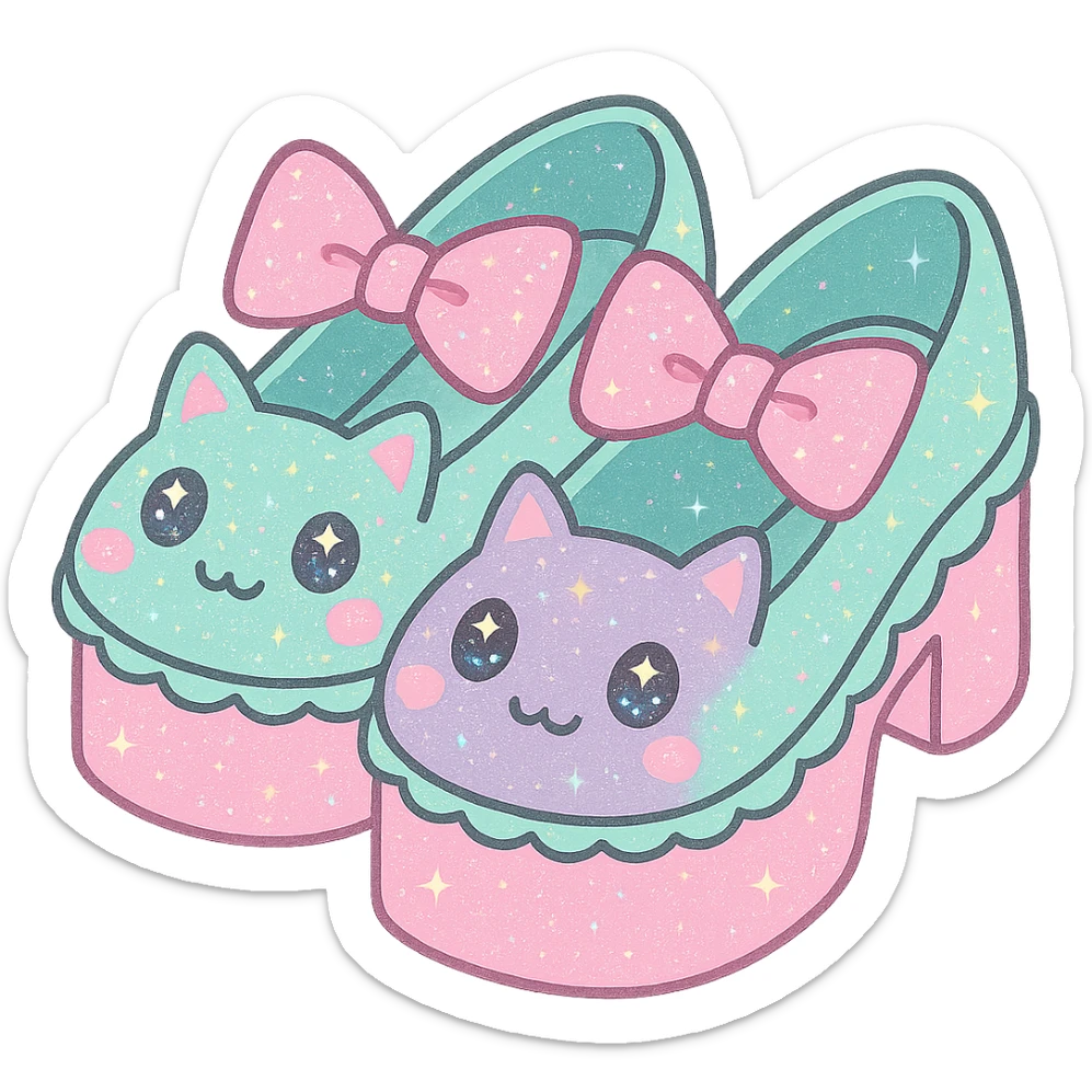 Refine the kawaii BLACKPINK-inspired gothic shoes with a large bow and scalloped edge, featuring pastel colors enhanced with sparkling glitter and subtle neon pink accents for a fun, eye-catching look. No hearts. Transparent background. sticker