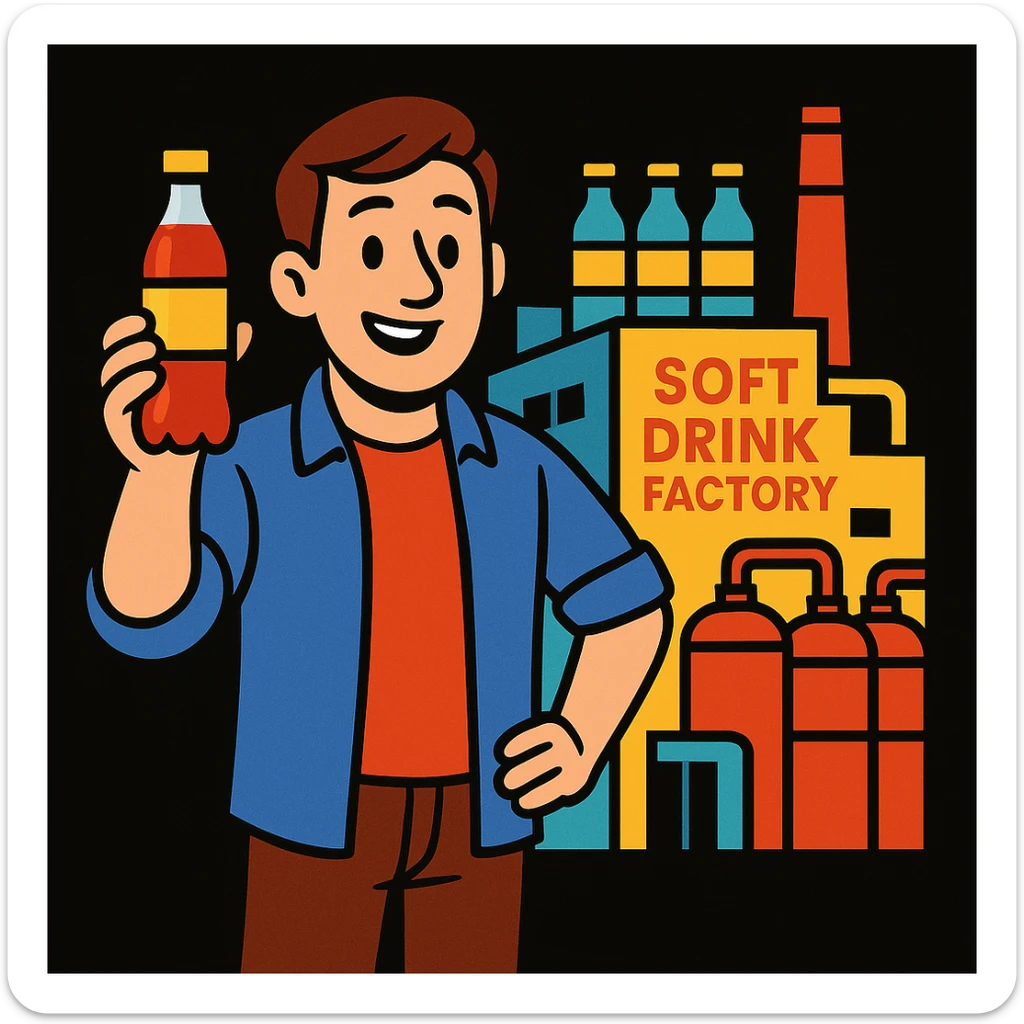 cartoon style illustration of a friendly man in casual clothes, standing in front of his modern soft drink factory, holding a bottle with a random generic label, introducing his drink, vibrant and professional, black background sticker