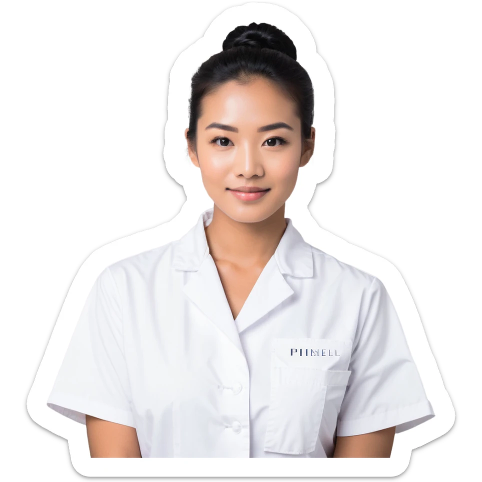 An esthetician providing facial treatments, wearing a white uniform sticker