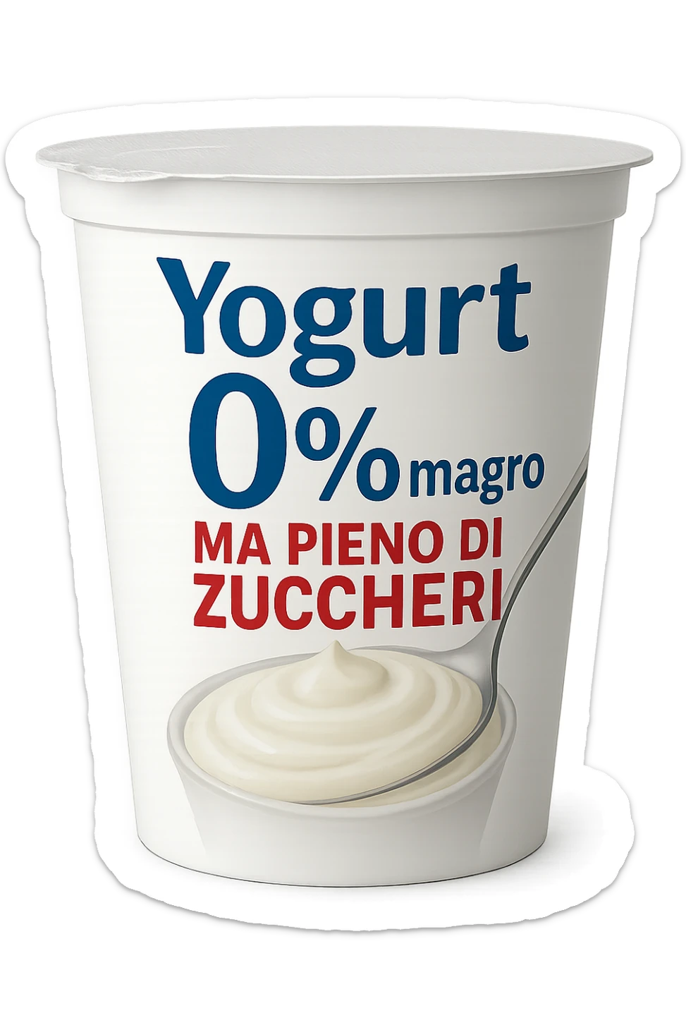 confezione di Yogurt 0% con la scritta "Yogurt 0% magro ma pieno di zuccheri" sull'etichetta sticker