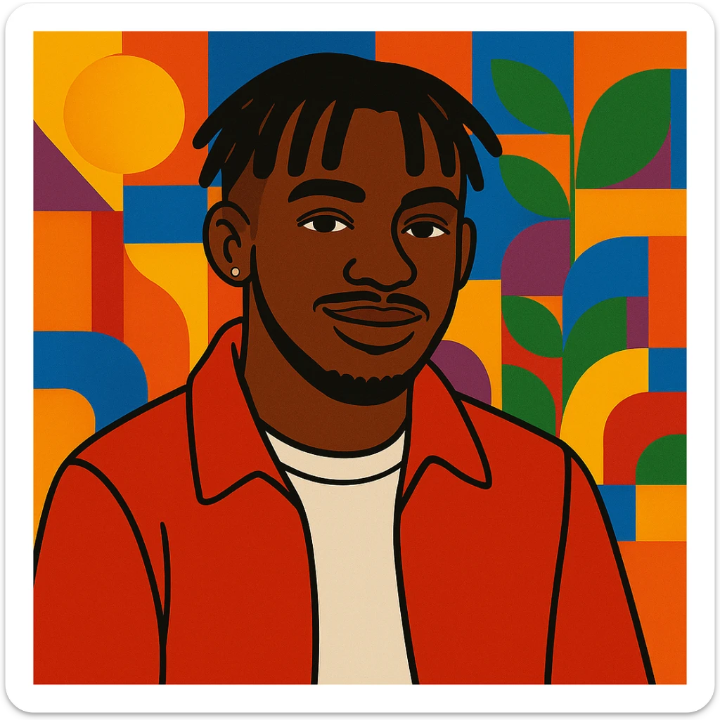 Create a vibrant cartoon style illustration inspired by the original album cover of Mélo featuring Tiakola. He is wearing a red jacket and a white t-shirt. The background is colorful and inspired by the original cover. No text included. sticker