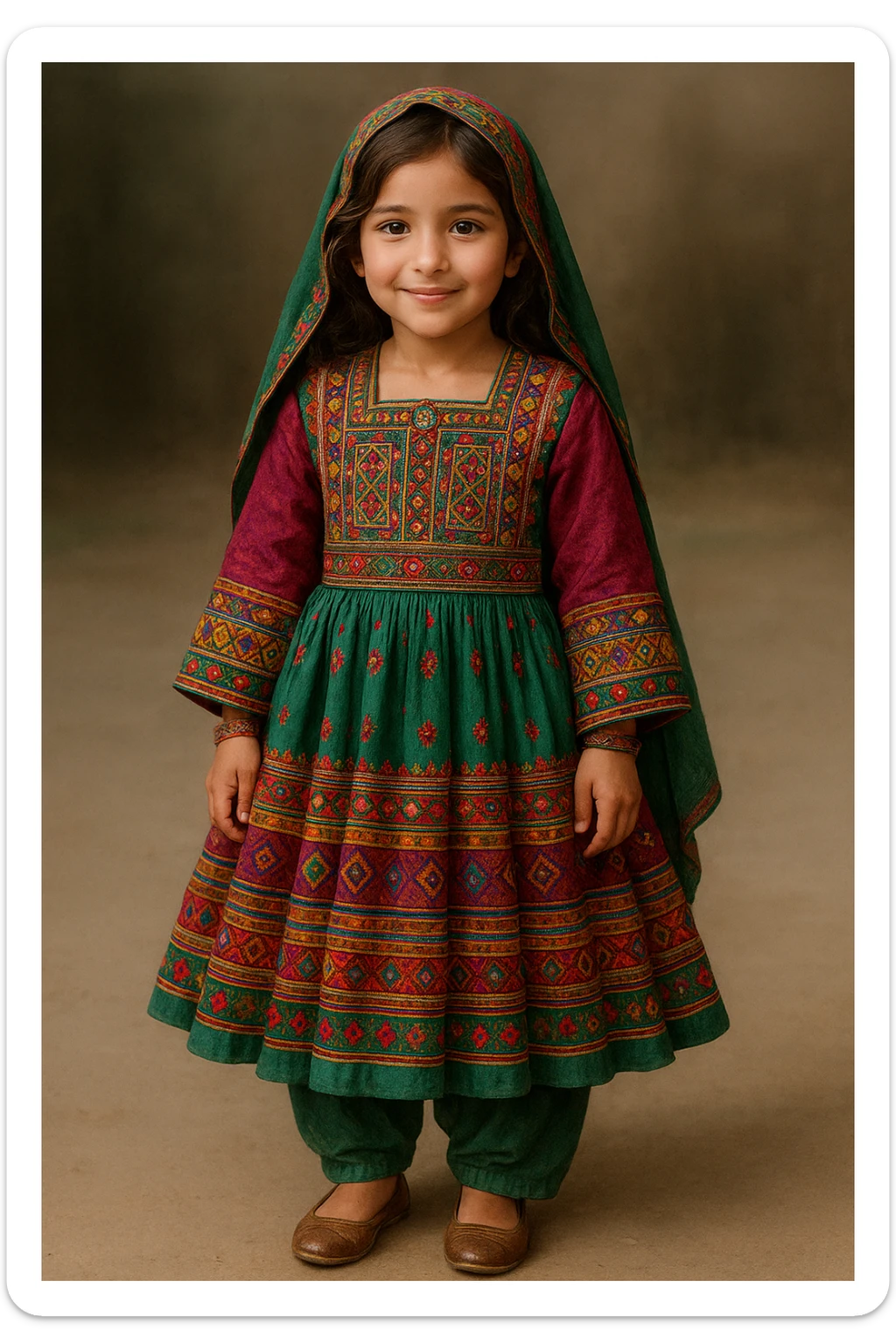 a dark brown haired girl wearing a traditional Afghan dress, vibrant colors, detailed embroidery, standing, full body, friendly expression sticker