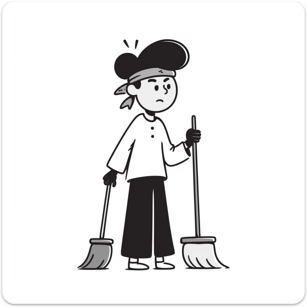 Levi Ackerman cleaning with bandana over hair, gloves, holding broom, annoyed expression sticker