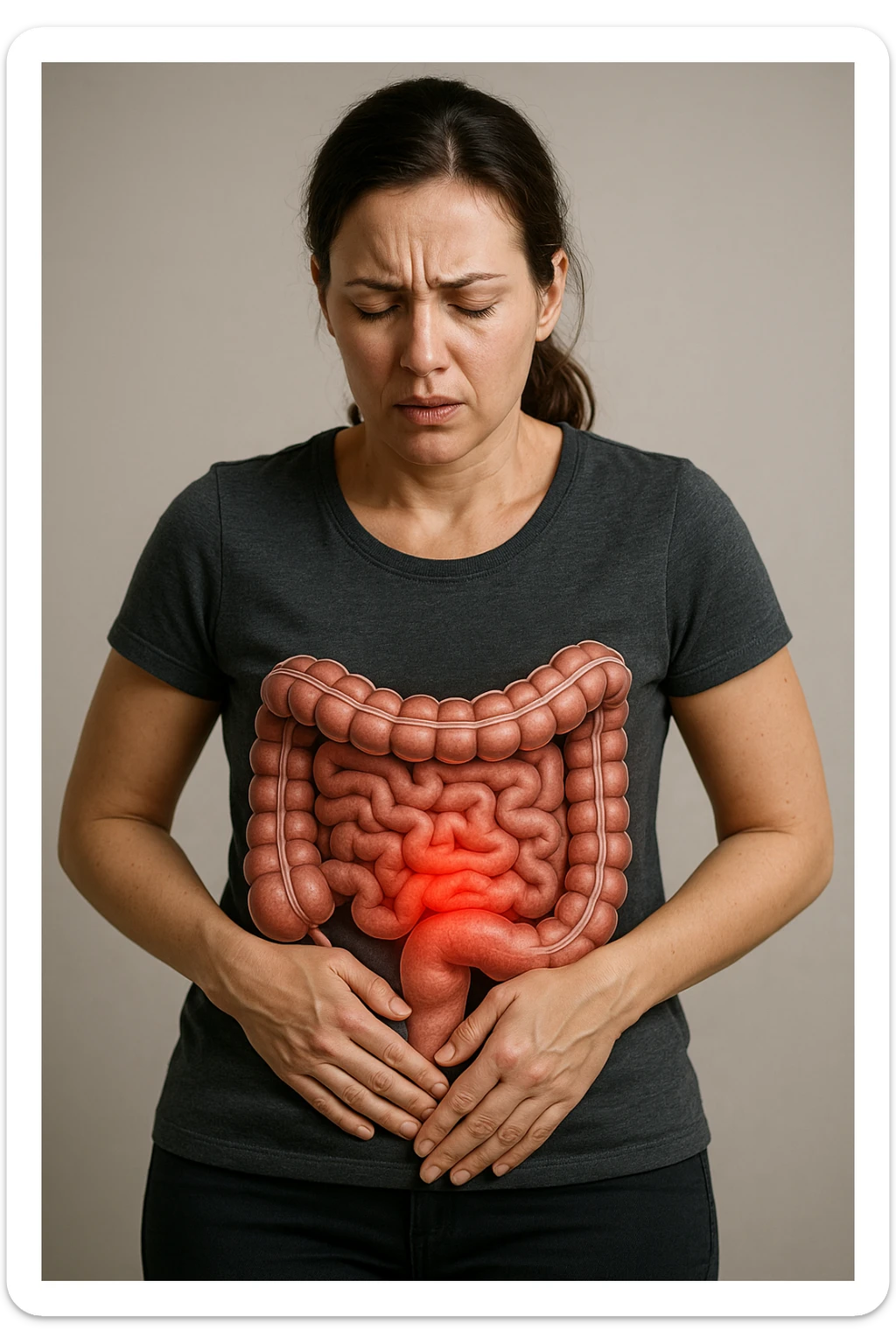 donna in piedi che si tiene la pancia con intestino umano anatomico e mal di pancia, iperrealistica 4k sticker