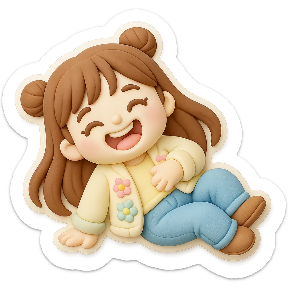 3D chibi girl in fondant cake art style, high-quality rendering with smooth shadows and soft gradients, long brown hair in two space buns, brown eyes, jeans, pastel floral cardigan, thick white outline like a sticker, transparent background, rolling on the floor laughing, preserve facial features from reference image sticker