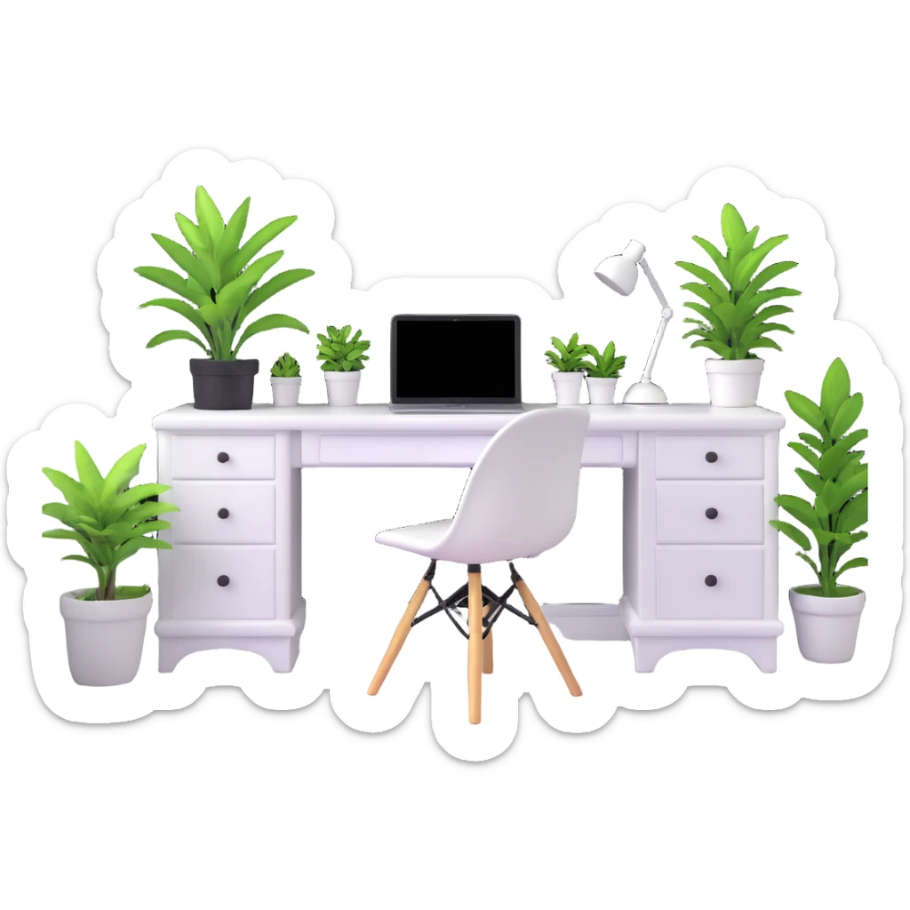 bright clean teenage room with white furniture, white vanity, white desk, white bed, and potted plants sticker