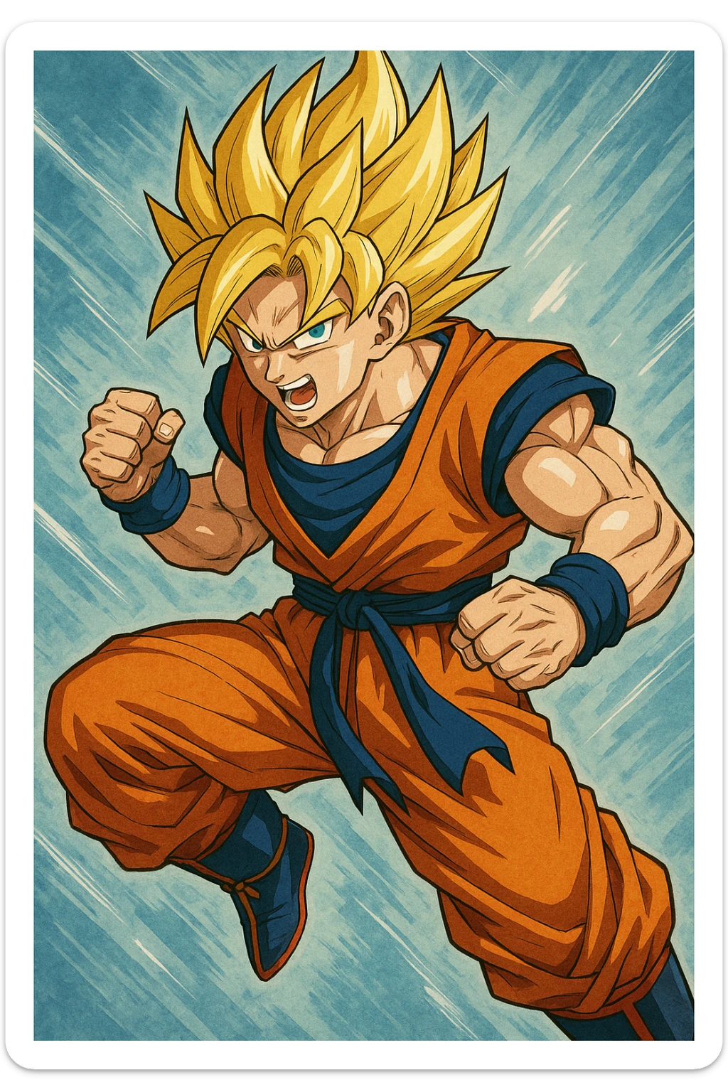Son Goku, Super Saiyan form, golden spiky hair, blue eyes, orange gi, dynamic pose, anime style sticker