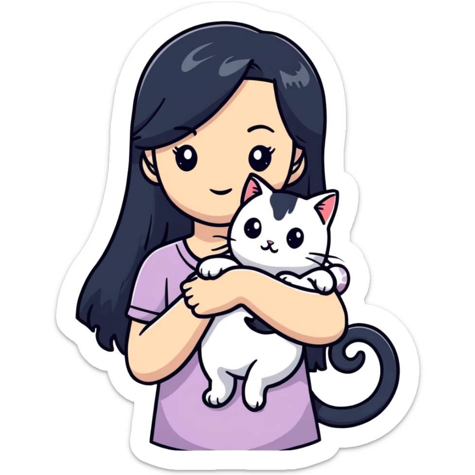 Beautiful girl with long black hair holding a hairless cat sticker