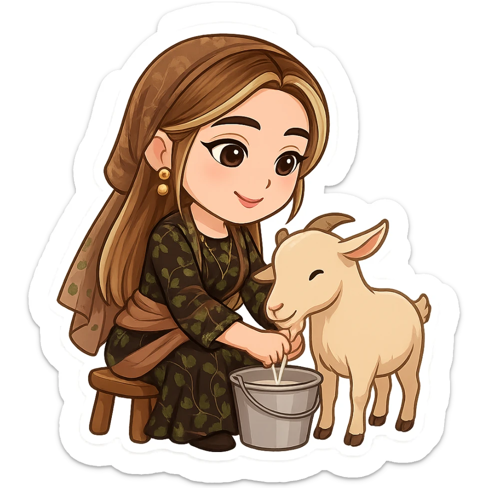 Kurdish cartoon sticker of the same woman in the new dress, milking a sheep or goat, sitting on a stool, holding a bucket, happy and focused, no text, transparent background sticker