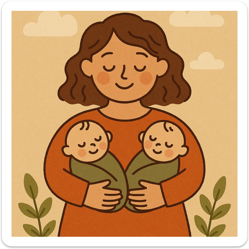 illustration of a mother holding two babies in her arms, soft lines, simple vector graphics, expressive faces, warm color palette, non-realistic drawn style with cartoonish but detailed features, soft shadows and highlights, cozy and loving atmosphere sticker