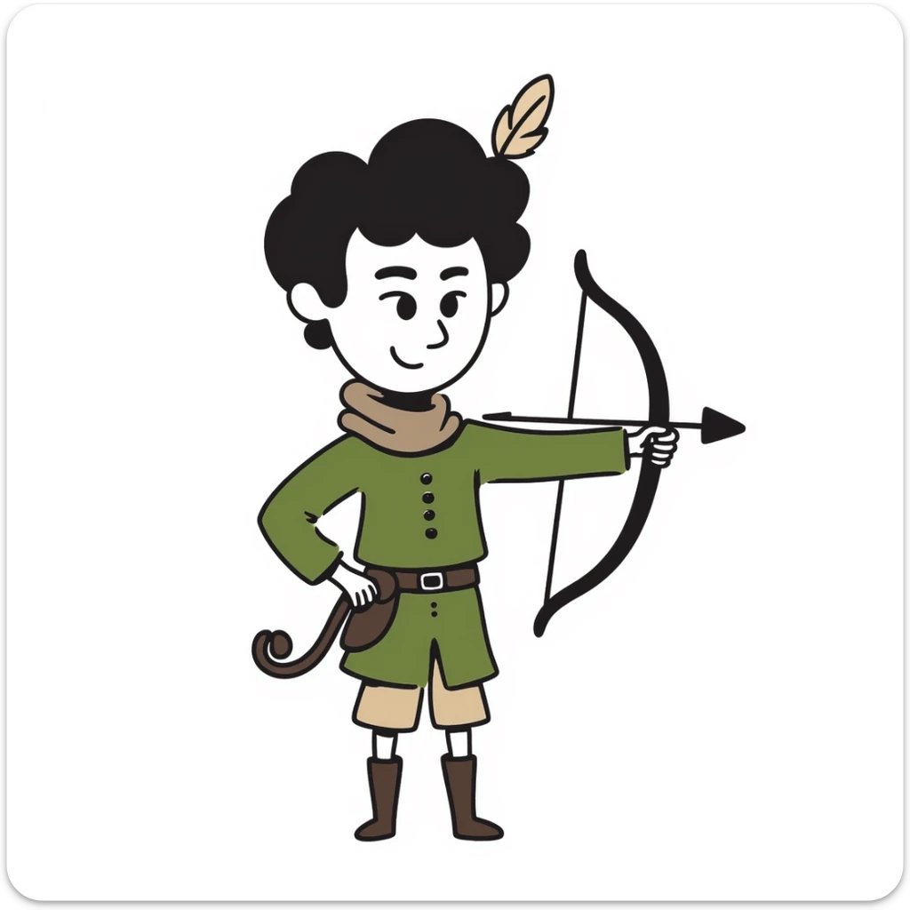 detailed hand drawn doodle of Robin Hood with classic medieval outfit and bow sticker