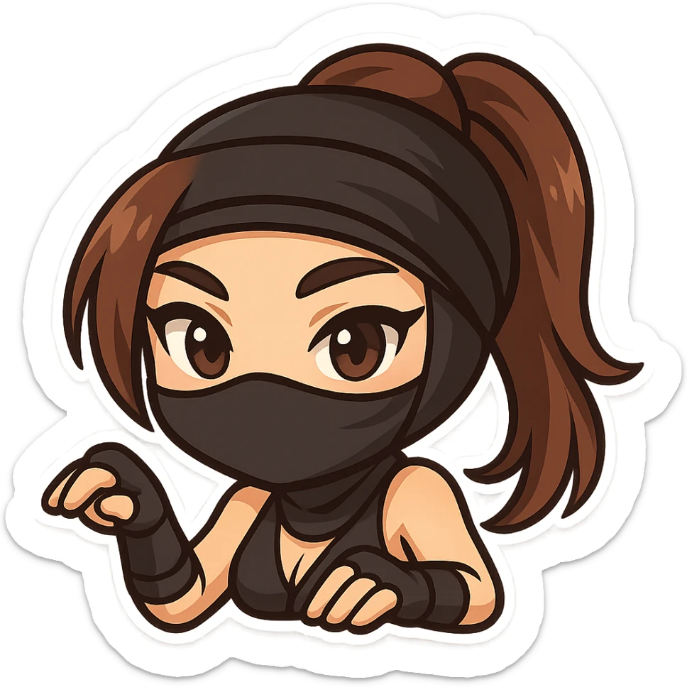 Crop to show only the head and arms of the sexy chibi ninja girl, keep bold outlines, sized for Twitch emoji use with transparent background. sticker