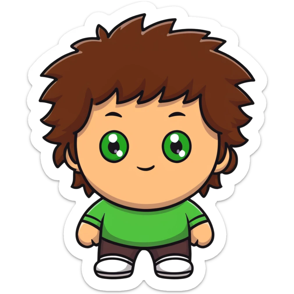 Johnny with brown semi-fluffy hair, one green eye and one brown eye sticker