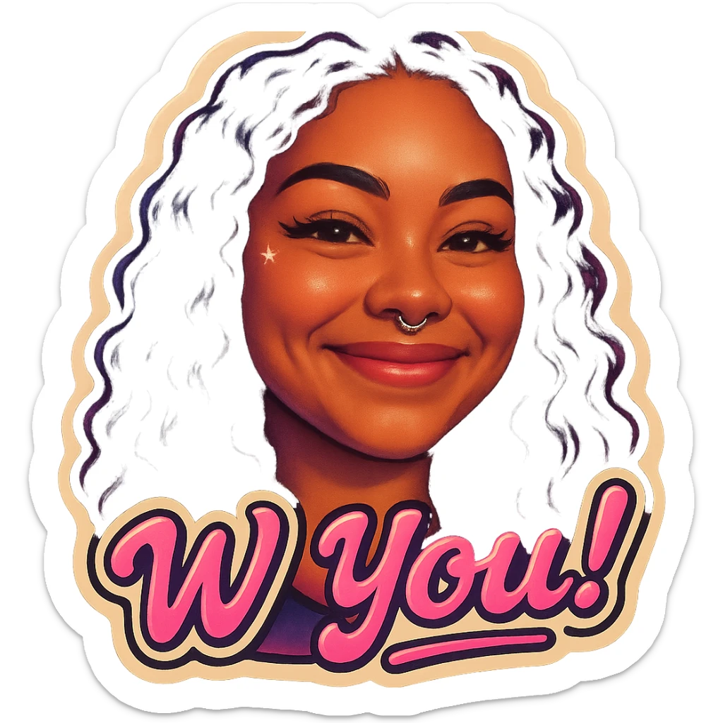 excited smile with mouth closed
add the words W You!  in pink  sticker