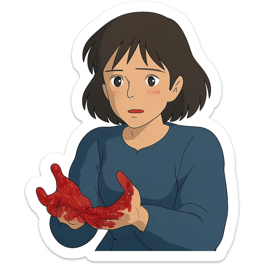 ghibli style illustration of a woman with blood on her hands sticker