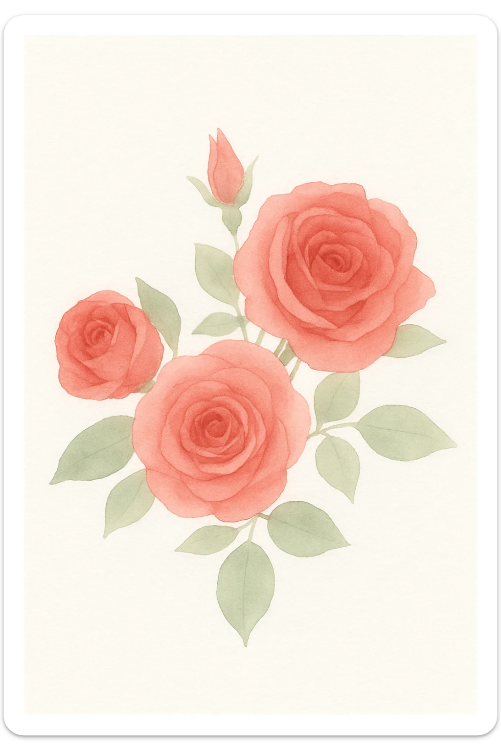 3D iOS watercolor style illustration of a bouquet of red roses with green leaves, delicate watercolor texture, soft glossy look, smooth shading, no background, square format. sticker