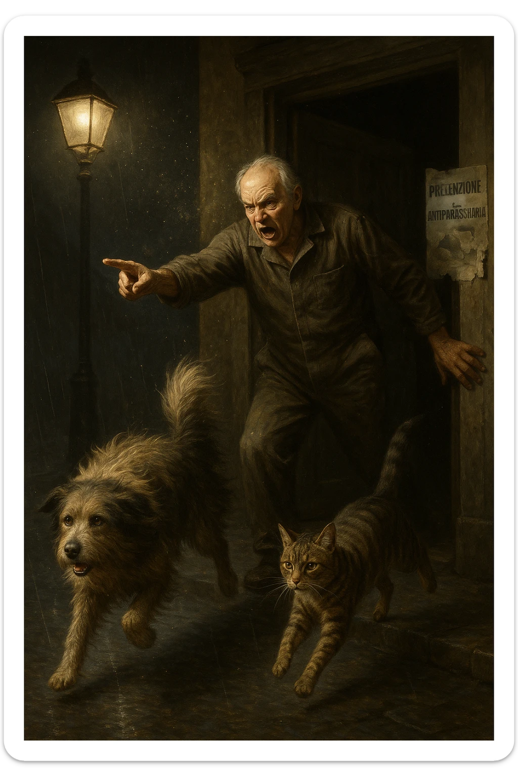 Un uomo anziano in tuta da lavoro, con espressione arrabbiata, butta fuori i suoi animali con aperta la porta di casa mentre il suo cane (un meticcio a pelo lungo) e il gatto (soriano) scappano nella strada buia sotto la pioggia. Particelle di polvere/pulci fluttuano nell'aria illuminata dal lampione. Sullo sfondo, un poster strappato del veterinario con scritto 'Prevenzione antiparassitaria'. Stile fotorealistico, illuminazione Caravaggesca, toni grigi e ocra. in italiano sticker