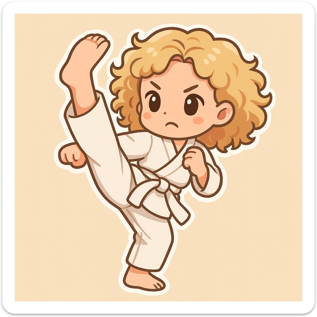 Full length shot of a blonde curly haired woman doing a karate kick, cartoon emoji style with a simple background, in chibi stickers style. sticker