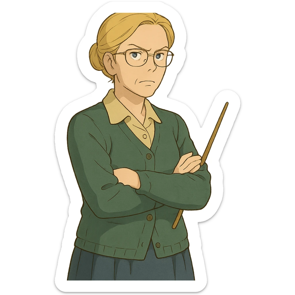 strict and fair senior category math teacher, blonde woman with glasses, ghibli style sticker