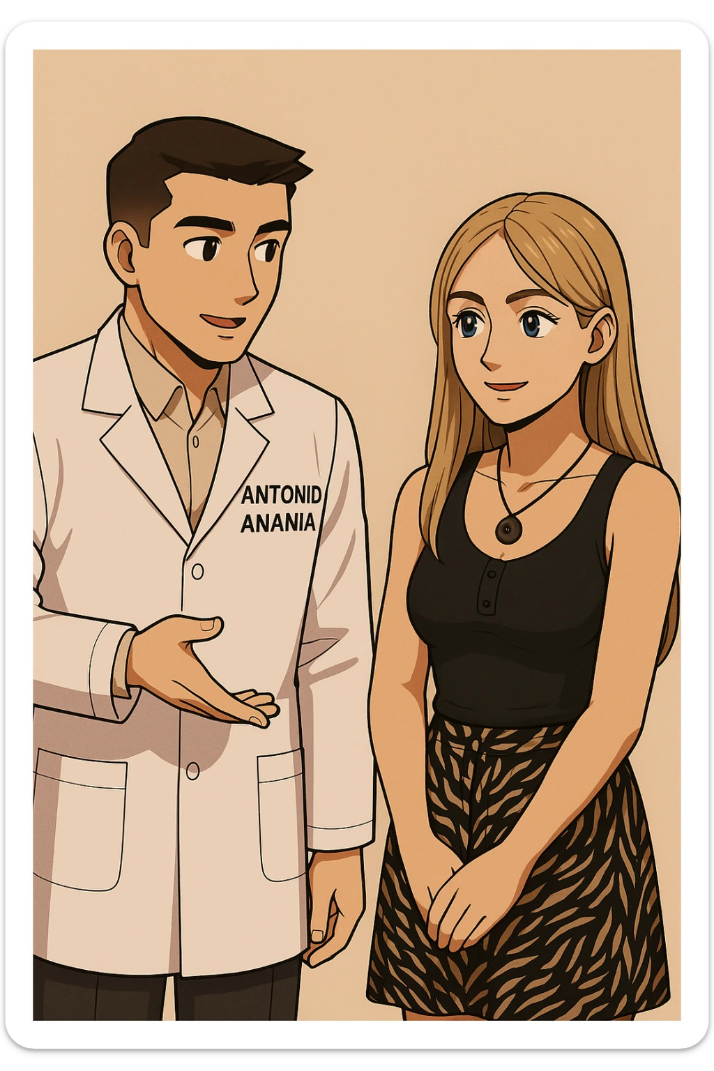 fai un webtoon/manga a colori con questo kinesiologo in camice bianco (fagli la scritta "ANTONIO ANANIA" SUL CAMICE) CHE PARLA CON QUESTA RAGAZZA CON GLI OCCHI AZZURRI. la ragazza gli fa una domanda e IL KINESIOLOGO CON IL CAMICE BIANCO LE risponde. NON FARE I FUMETTI, FAI SOLO LORO COME SE DIALOGASSERO sticker