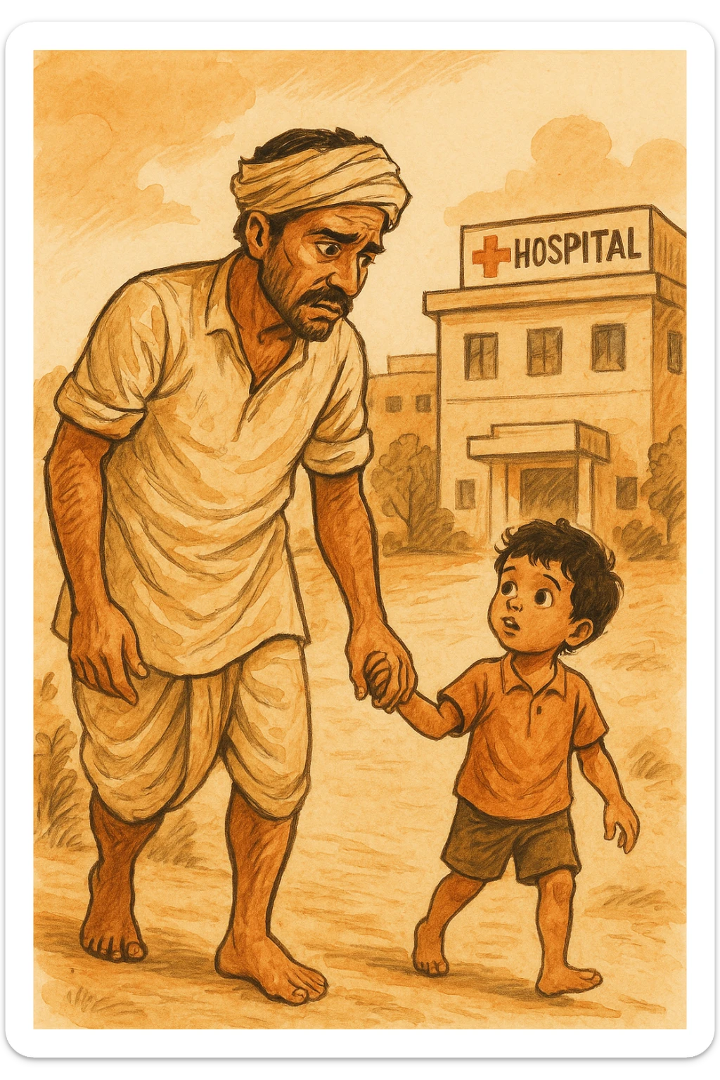 A rural Indian farmer in dhoti, with his young child, approaching a hospital for a health checkup, focus on care and concern, hospital sign visible, expressive illustration sticker