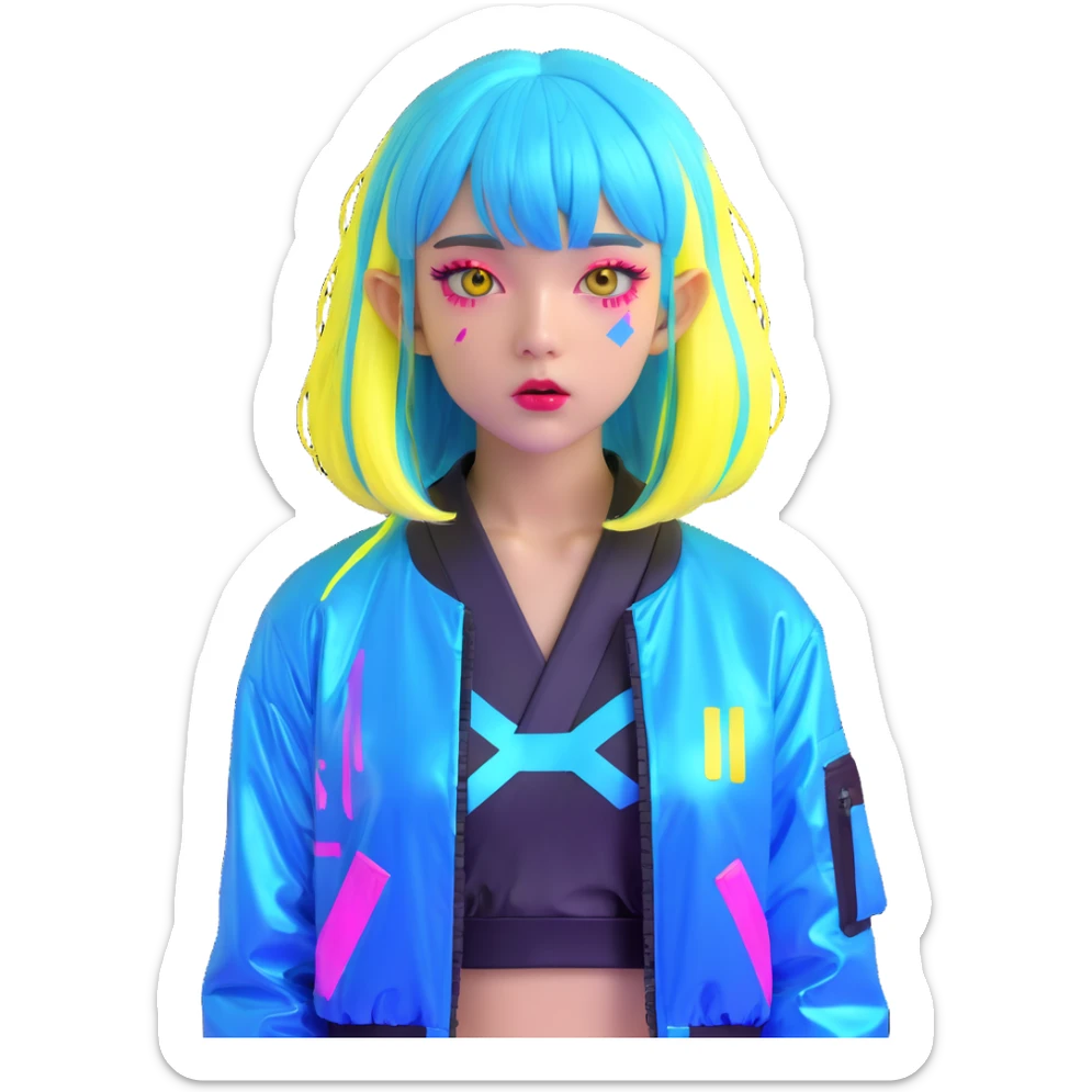 Cyberpunk Japanese girl with neon blue wig, holographic jacket, digital glitches effect, dark background with purple neon glow sticker