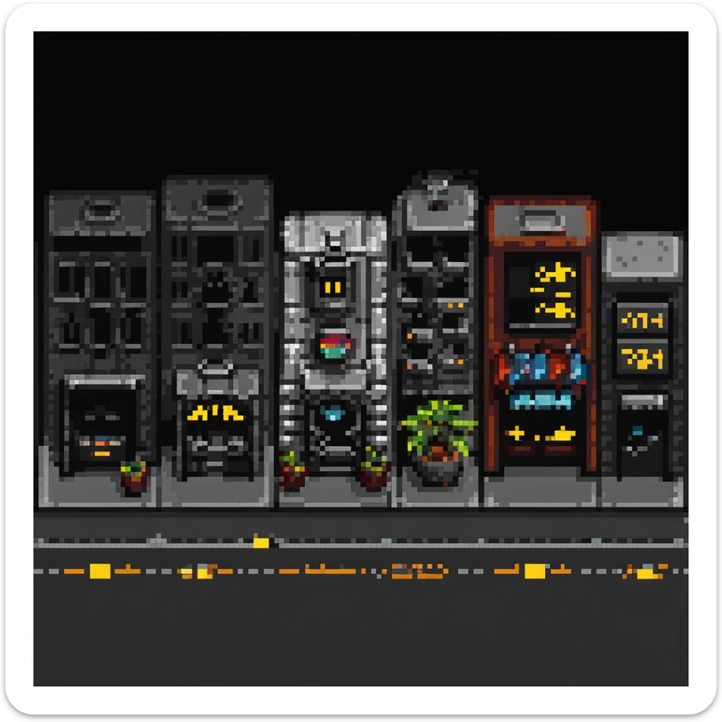 Wide pixel art background of a dark Gotham City street. Empty road with sidewalk, flickering lamppost casting light, trash bins nearby, distant shadowy silhouettes. Tall buildings in the background, moody atmosphere, subtle rain or fog. sticker