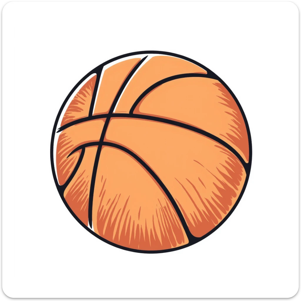 A basketball with detailed texture and lines in pastel colors (dd9fb0, ffc6d3, a3bfc9, c4bee2, f1b091), hand-drawn doodle style sticker