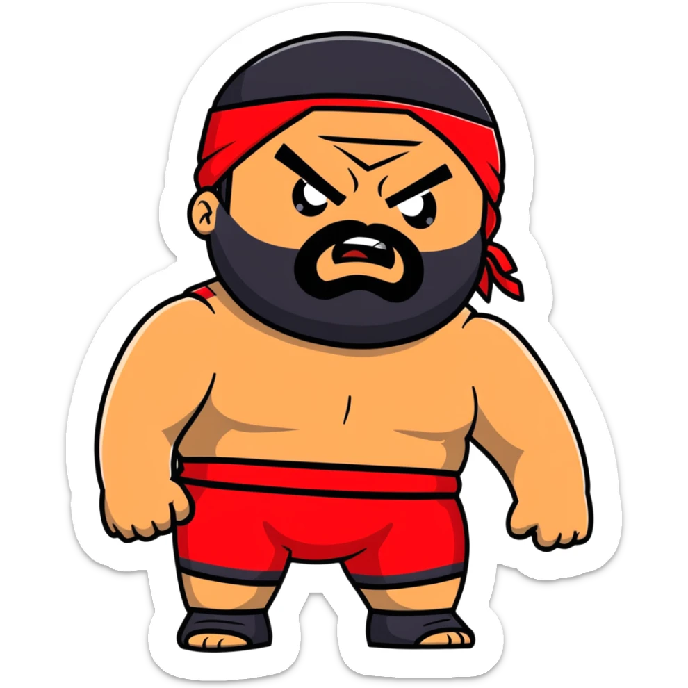 White skin fat guy with prominent black durag, black beard, black eyes in a red and black wrestling singlet with angry face sticker