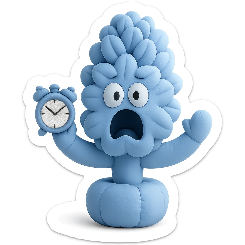 pastel blue hyacinth flower with alarmed eyes and a screaming mouth, waving a tiny alarm clock, fluffy and round, cushion style sticker