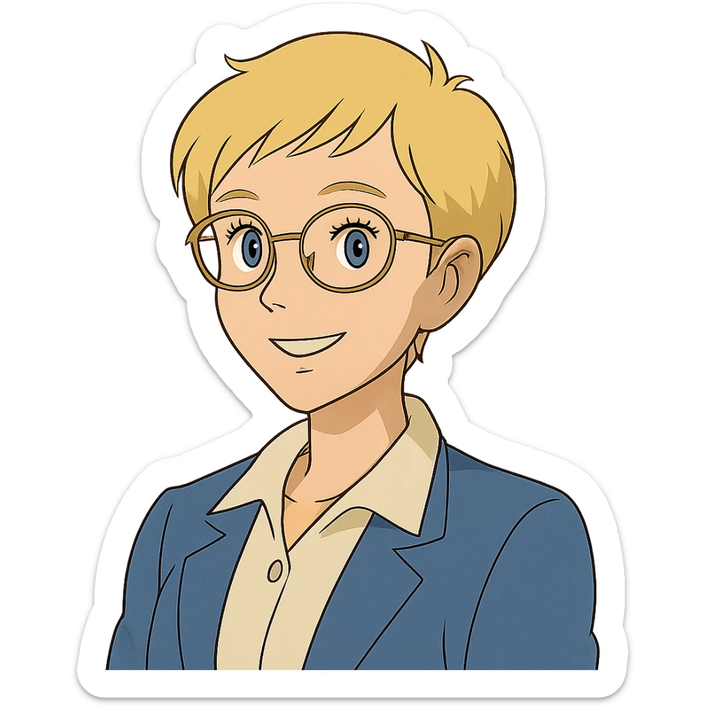 ghibli style blonde teacher with pixie haircut, gold glasses, blue eyes, big eyelashes, nice smile sticker
