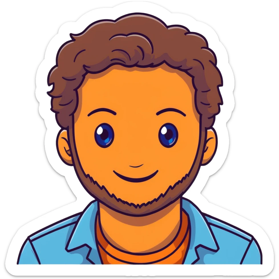 Lebanese man with one blue eye and one brown eye, light beard, kind smile, blue shirt, brown longish wavy hair sticker