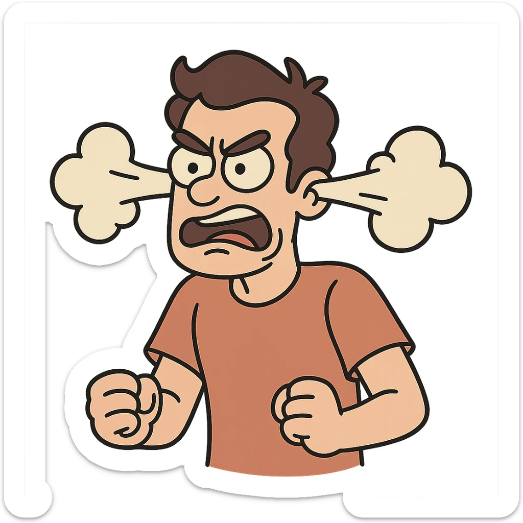 a person with steam coming out of their ears, frustrated, cartoon style sticker