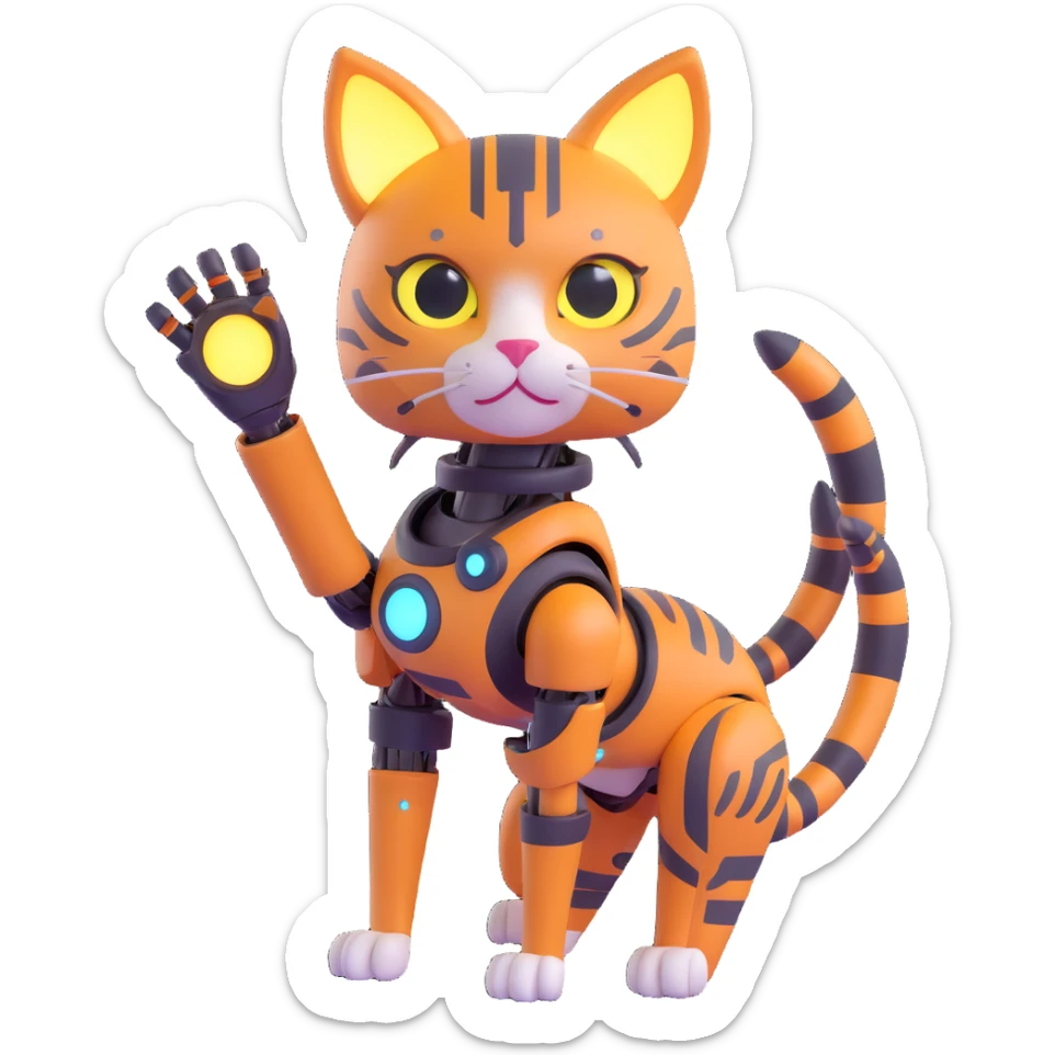 3D cat girl hybrid, robotic limbs, glowing accents, cat ears and tail, sci-fi background sticker