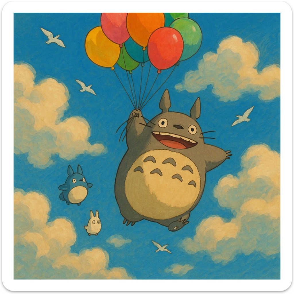Totoro floating high in the sky, joyfully holding onto a bunch of colorful balloons, with small Totoros trailing behind him and fluffy clouds parting around them as birds fly nearby. sticker