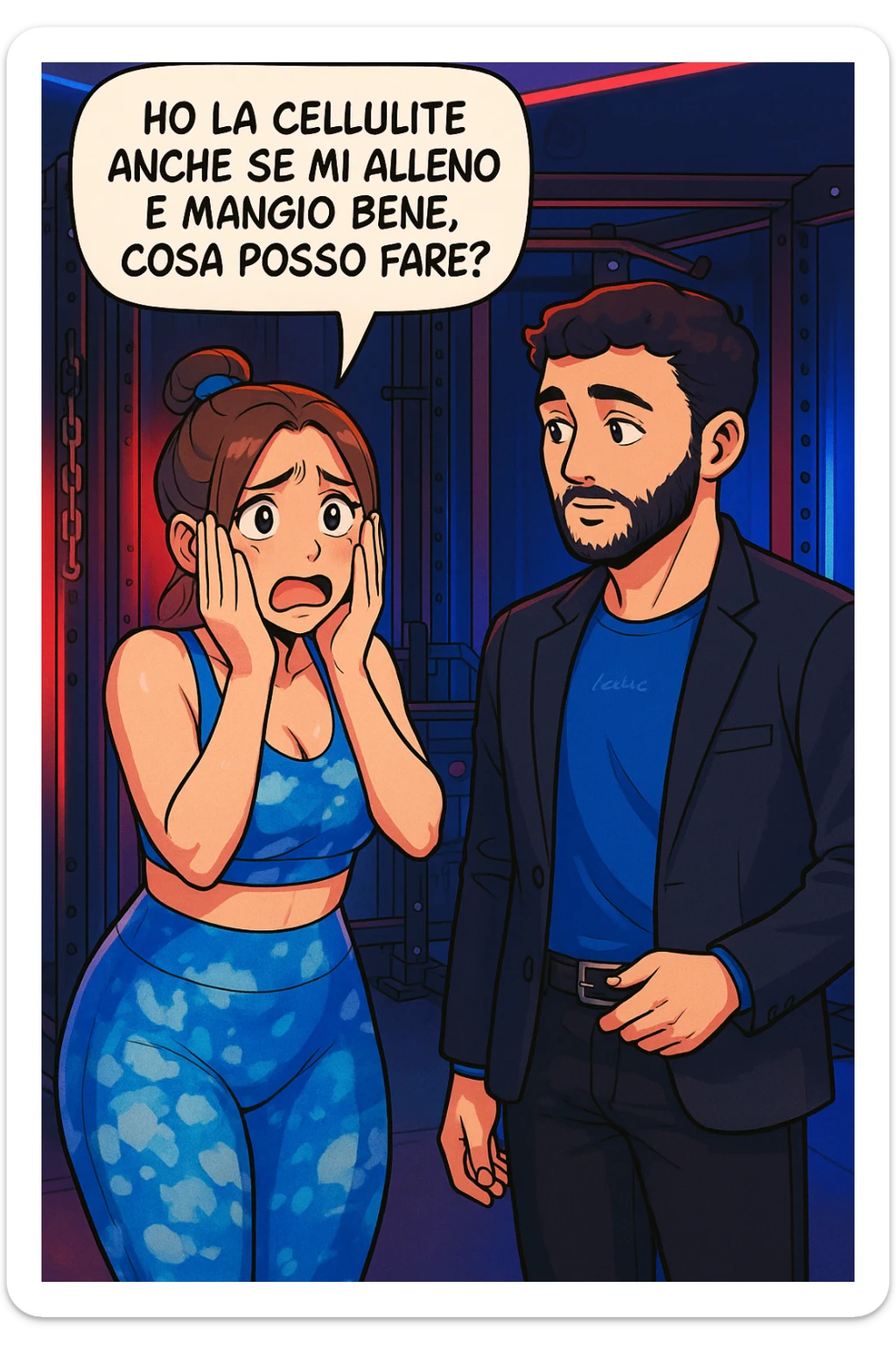 TRASFORMA QUESTO CAROSELLO IN UN FUMETTO STILE WEBTOON/MANGA A COLORI CON QUESTE DUE PERSONE IDENTICHE CHE INTERLOQUISCONO TRA LORO, LA DONNA è DISPERATA CON LE MANI SULLE GUANCE E STA DOMANDANDO TUTTA AGITATA UNA COSA ALL'UOMO:

LEI (DONNA): Ho la cellulite anche se mi alleno e mangio bene, cosa posso fare? sticker
