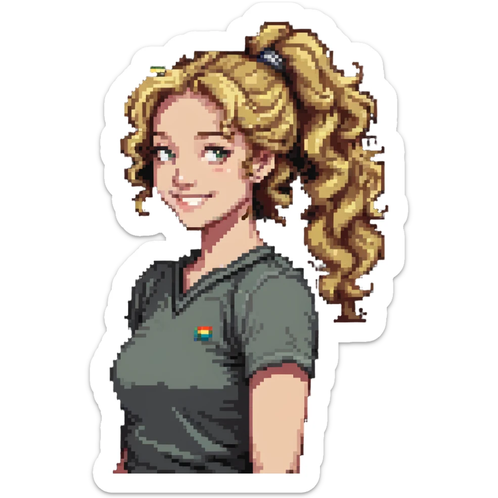 girl cruise director with curly dirty blonde hair in a ponytail, very happy sticker