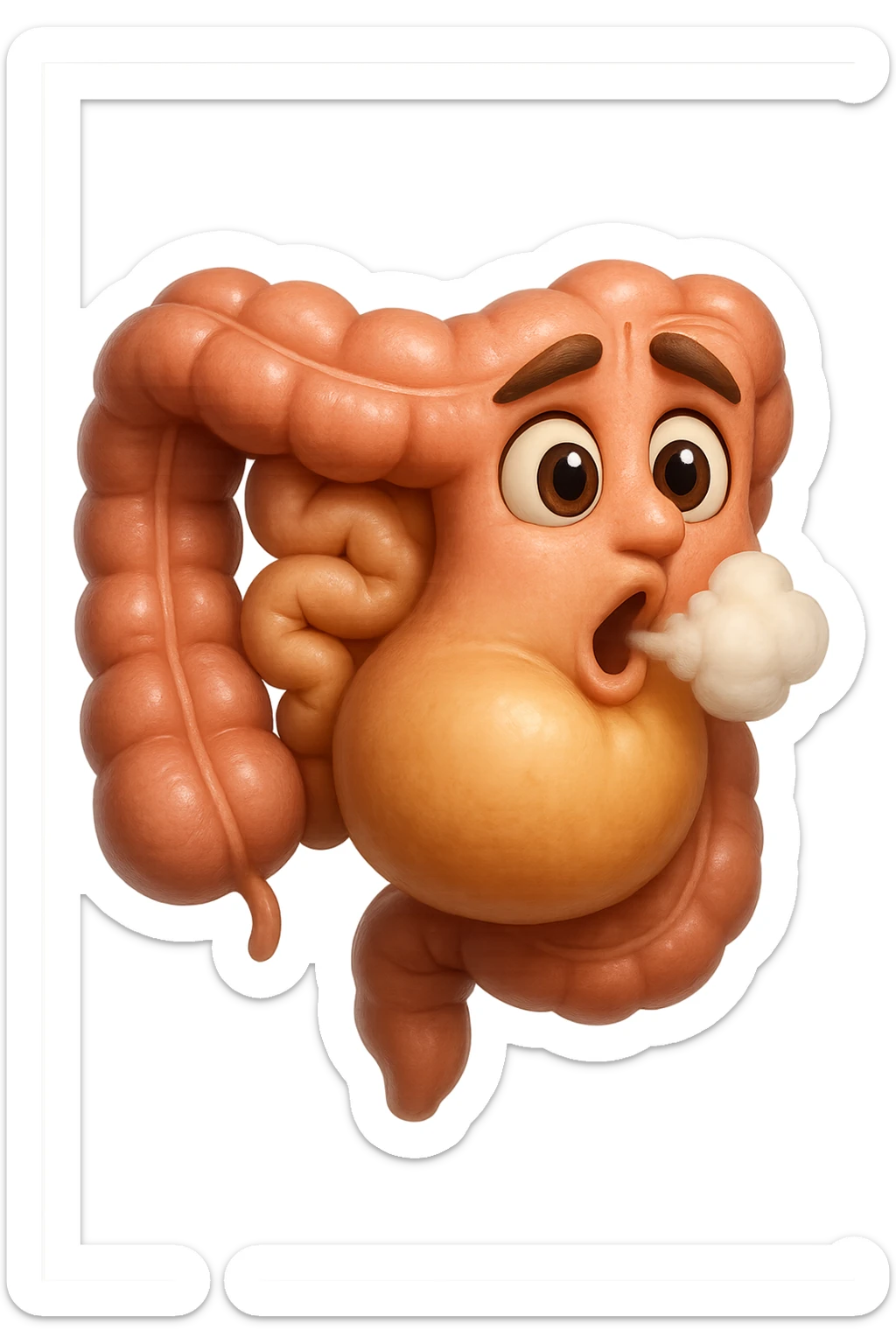 emoji stile iphone di un intestino che ingoia una nuvoletta di aria ben visibile e gli si gonfia la pancia, non fargli il naso, iperrealistico 4k sticker