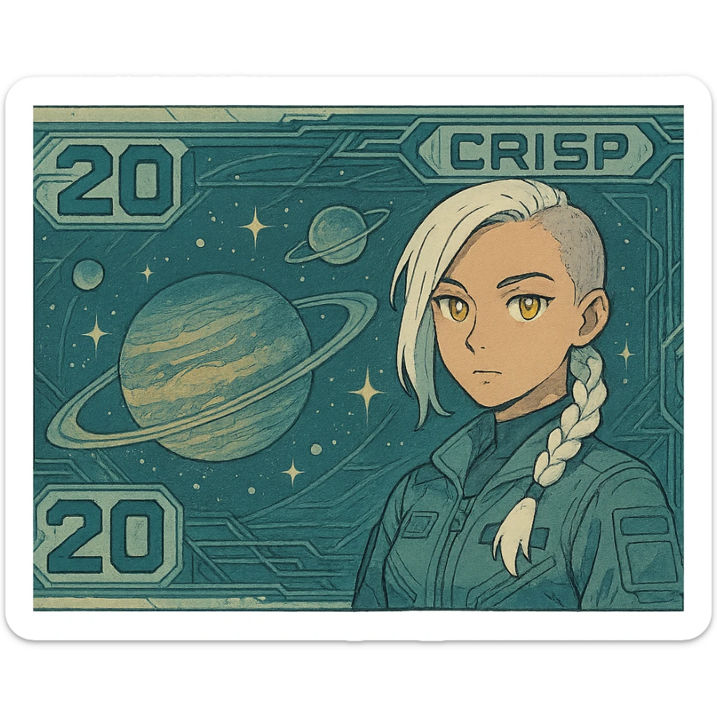 a banknote bill. full frame close up of a "20 crisp" banknote. futuristic, cyberpunk. stellar and planetary style designs adorn the bill. the face pictures is a woman in her 20's, gold yellow eyes, white hair in a single long braid, side of head shaved. she wears a military flight bdu. the final design shape is a 2:1 rectangle sticker