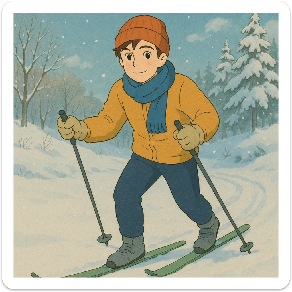 person skiing cross-country, Ghibli-inspired, gentle shading, snowy background, friendly look sticker