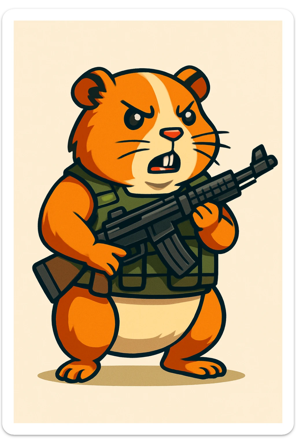 full-body guinea pig wearing a tactical military vest, holding a rifle, detailed cartoon style sticker